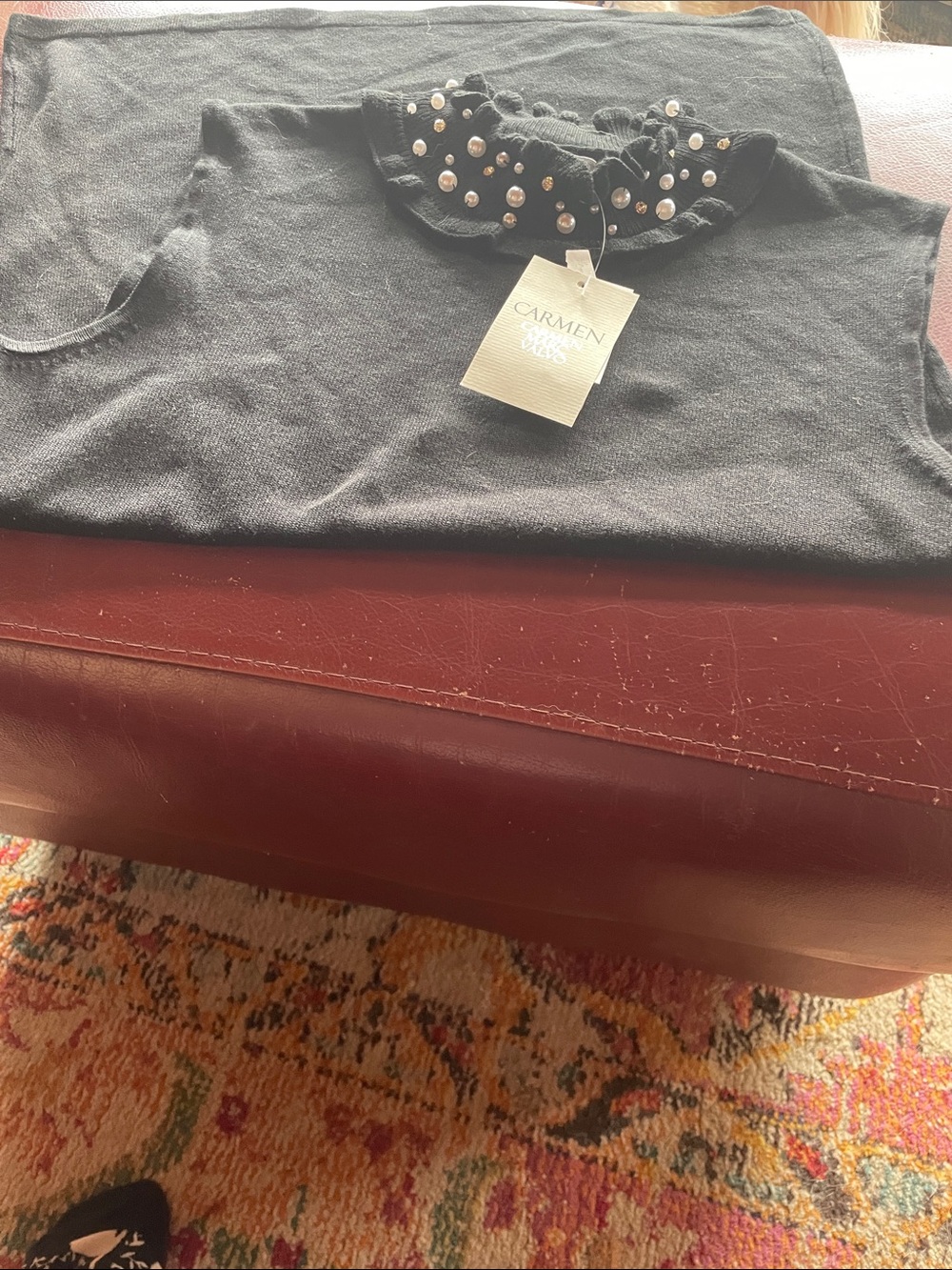 Carmen Marc Valvo Black Ruffle Collar Pearl & Rhinestone Top, Size XS, S